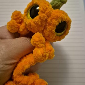 May include: A small, orange, crocheted plush toy with a soft, fuzzy texture. It features two large, round, black plastic eyes with yellow rims and a small, textured green stem on top. The body has a segmented, flexible, and elongated shape.
