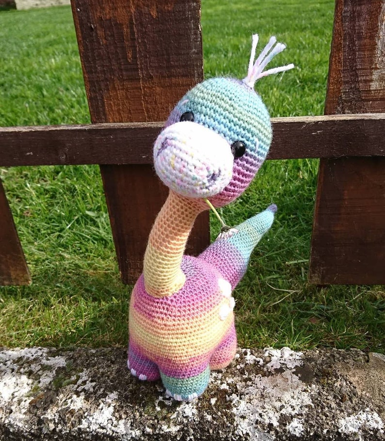 May include: A rainbow colored crocheted dinosaur toy with white accents. The dinosaur has a long neck and a small tail.
