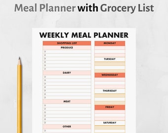 Weekly Meal Planner Printable, Grocery List (PDF Digital Download)