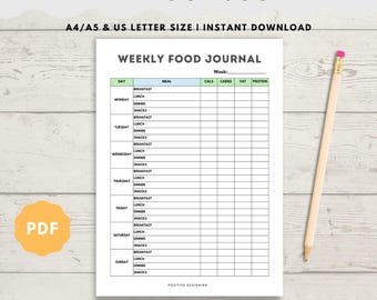 Weekly Meal Planner Printable – Food Diary, Grocery List (Digital Download)