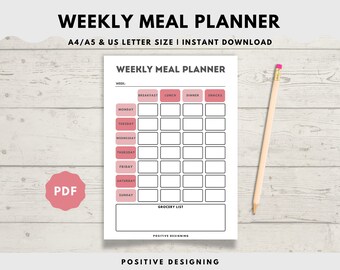 Planificador semanal de comidas imprimible, lista de la compra, organizador de menús (descarga digital)