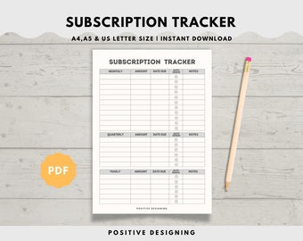 Seguimiento de suscripciones imprimible / Planificador de presupuesto / Seguimiento de cuentas / Plantilla de presupuesto / A4/A5/Tamaño de carta / Seguimiento de gastos / Descarga en PDF