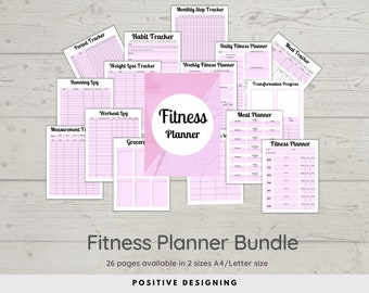 Fitness Planner Bundle, Workout Log, Food Diary (PDF)