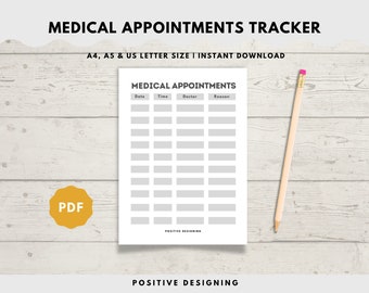 Doctor Visits Tracker, Medical Appointments Log (A4, A5, Letter PDF)