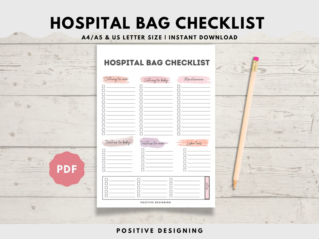 Hospital Bag Checklist Printable, Birth Bag Packing List, Pregnancy ...
