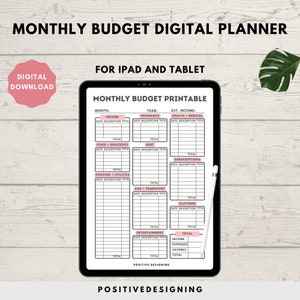 May include: A digital printable monthly budget planner for iPad and tablet. The planner is divided into sections for income, expenses, and savings. Each section has a table with columns for date, description, and total.