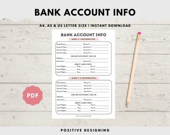 Bank Account Information Tracker Printable, Bank Account Log, Bank Details, Bank Info Tracker, Organizer, A4/A5/Letter, Instant Download PDF