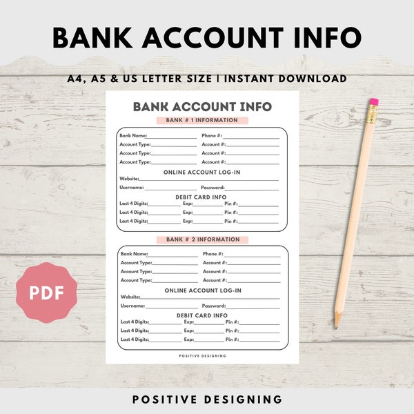 Bank Account Info Printable - Etsy