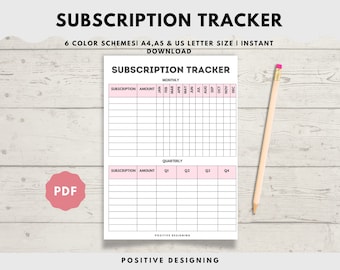 Subscription Tracker Printable, Membership Checklist, Expense Tracker, Budget Template, A4/A5/Letter Instant Download PDF