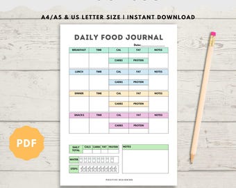 Daily Food Journal Calorie Tracker Meal Planner Nutrition Log Daily Food Diary Printable Meal Tracker Fitness Health Weight Loss Diet