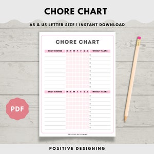 May include: A printable chore chart with a pink and white color scheme. The chart is divided into two sections: daily chores and weekly tasks. The daily chores section has a column for each day of the week, and the weekly tasks section has a list of tasks to be completed.