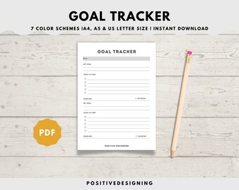 May include: A printable goal tracker planner with a gray background and black text. The planner has sections for date, goal, steps to take, deadline, and achieved. The text "GOAL TRACKER" is at the top of the page.