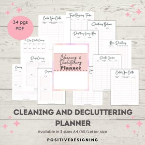 Op de afbeelding: Een printbare schoonmaak- en opruimplanner met 34 pagina's. De planner bevat secties voor dagelijkse schoonmaak, seizoensgebonden schoonmaak, opruimen en afvalscheiding. De planner is verkrijgbaar in drie formaten: A4, A5 en Letter.