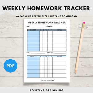 May include: Printable weekly homework tracker in A4/A5 and US letter size. The tracker has two sections with space for subject, days of the week, and notes. The tracker is designed for students to keep track of their homework assignments.