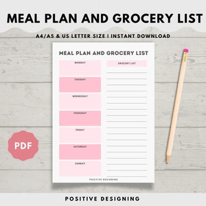 Planificateur de repas hebdomadaire avec modèle imprimable de liste de courses, plan de menus sur 7 jours, planificateur de repas, santé et forme physique, format A4/A5/Lettre, téléchargement immédiat au format PDF