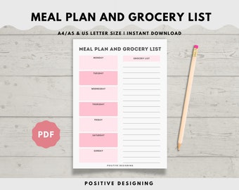 Weekly Meal Planner with Grocery List Printable Template, 7 Day Menu Plan, Food Planner, Health & Fitness, A4/A5/Letter Instant Download PDF