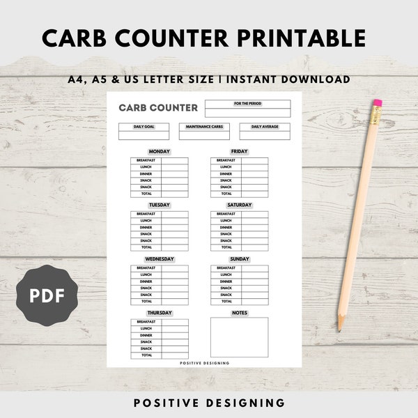 Carb Counter | Carb Counting | Carb Tracker | Keto Diet Tracker | Diet Log | US Letter A4 A5 PDF Download