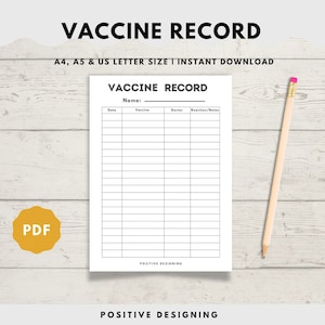 Könnte beinhalten: Ein druckbarer Impfnachweis-Tracker mit Spalten für Datum, Impfstoff, Arzt, Reaktion und Notizen. Das Dokument trägt den Titel "Impfnachweis" und ist in den Formaten A4, A5 und US Letter verfügbar.