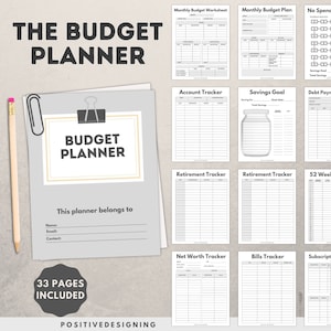 Puede incluir: Un planificador de presupuesto con el título "The Budget Planner" y el texto "Budget Planner" en la portada. El planificador incluye varias páginas de seguimiento financiero, un lápiz y un clip. También se ve el texto "33 páginas incluidas".
