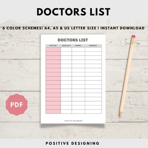Printable medical contact list, medical tracker, healthcare contacts, doctor contact list, medical binder, print at home medical tracker