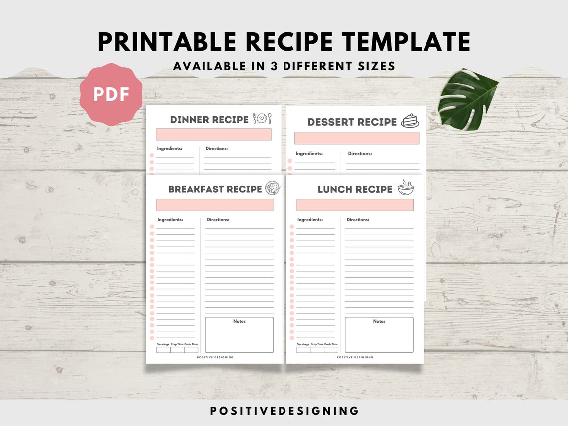 Recipe Template Printable, Blank Recipe Page, Cookbook Template, Recipe Sheet A4 A5 Letter ...