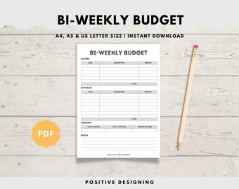 Utskrivbar budgetplanerare varannan vecka, budgetmall i PDF-format, budget per lönecheck, budgetspårare, A4/A5/Letter, direktnedladdning