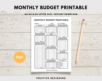 May include: A printable monthly budget tracker with sections for income, expenses, and savings. The tracker is designed in black and white with a gray background for the total sections. The text "MONTHLY BUDGET PRINTABLE" is at the top of the page.