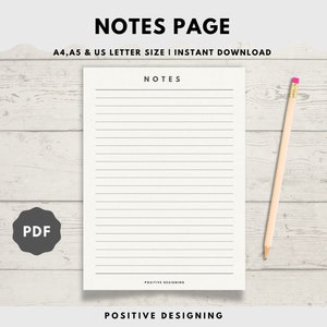 Notes Page Printable, Lined Notes Template, Note Taking, Writing Paper, Notes Planner Insert, Letter Size, Instant Download PDF