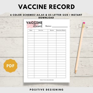 Könnte beinhalten: Druckbare Impfkarte mit einem rosa Titel "Impfkarte". Die Vorlage enthält Spalten für Datum, Impfstoff, Arzt und Reaktion/Notizen. Die Vorlage ist in den Formaten A4, A5 und US-Brief verfügbar.