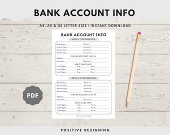 Bank Account Information Tracker Printable, Bank Account Log, Bank Details, Bank Info Tracker, Organizer, A4/A5/Letter, Instant Download PDF