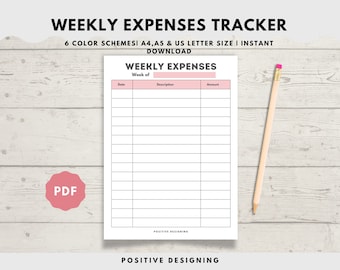 Puede incluir: Un rastreador de gastos semanales imprimible con un esquema de color rosa y blanco. El rastreador tiene columnas para la fecha, la descripción y la cantidad. El texto "WEEKLY EXPENSES" está en la parte superior del rastreador.