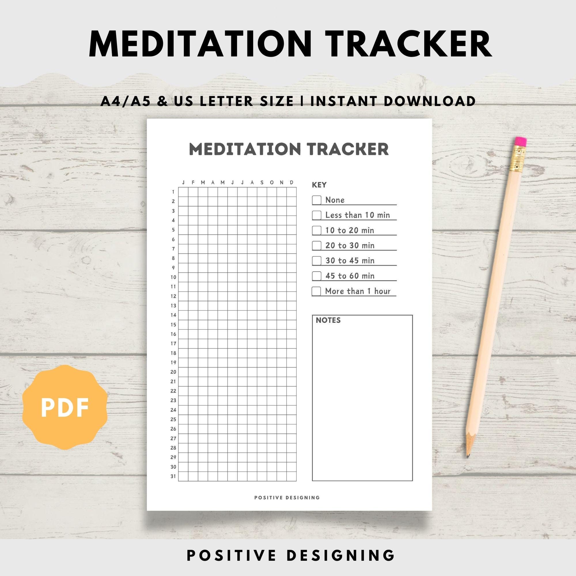 Meditation Tracker Printable Journal, Daily Wellness Log, Mindfulness Tracker, Monthly Meditation Planner | Instant Download | PDF Printable