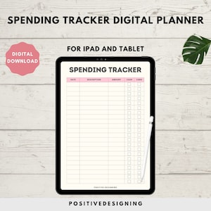 May include: A digital planner for tracking spending on an iPad or tablet. The planner has columns for date, description, amount, cash, and card. The planner is on a white background with a pink header that says "Spending Tracker".