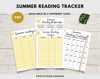 May include: A set of printable summer reading trackers and bookmarks. The trackers include a reading log, a challenge tracker, and a bookmark template. The designs feature a yellow sun and the text "Summer Reading".