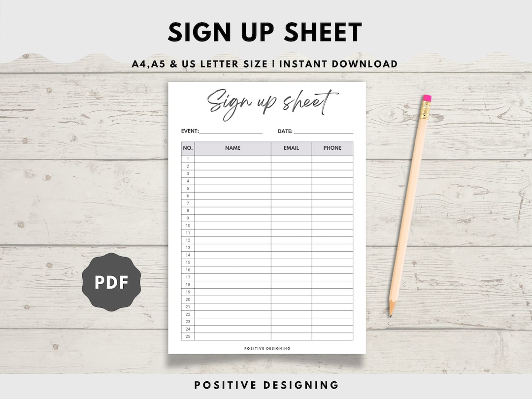 Sign up Sheets | Event Sign up | Sign up Form | Printable Sign up ...