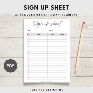 Sign Up Sheets | Event Sign Up | Sign Up Form | Printable Sign Up | Instant PDF Download | Letter Size, A4, A5