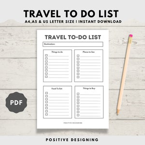 Lista de cosas por hacer en viajes: cosas que hacer, lugares para visitar, comida para probar, cosas para comprar, tamaño A4/A5/Carta/medio, descarga instantánea en PDF