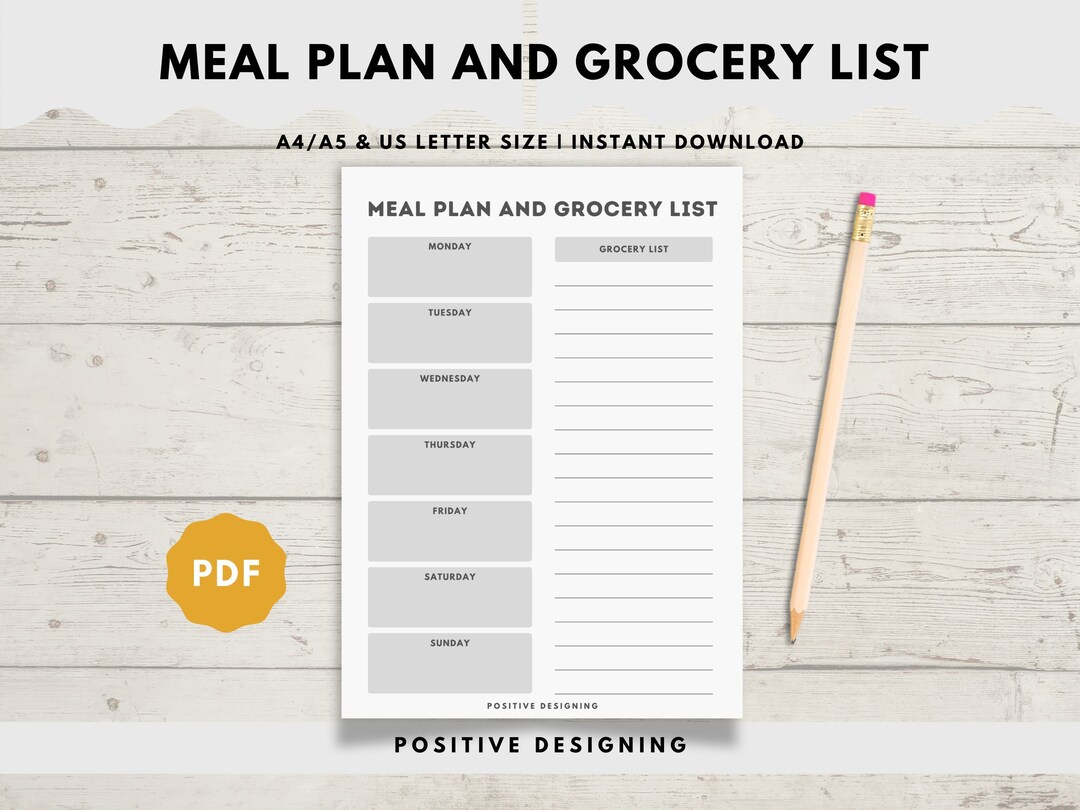 Weekly Meal Planner With Grocery List Printable Template, 7 Day Menu ...