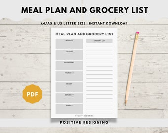 Weekly Meal Planner with Grocery List Printable Template, 7 Day Menu Plan, Food Planner, Health & Fitness, A4/A5/Letter Instant Download PDF