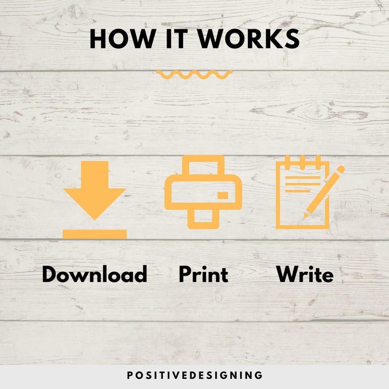May include: How it works: Download, print, and write.  A yellow download icon, a yellow printer icon, and a yellow notepad with a pencil icon on a white wood background.
