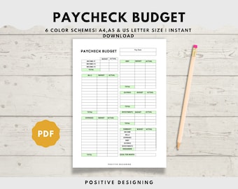 May include: A printable paycheck budget worksheet with sections for income, bills, expenses, savings, investments, and a summary. The worksheet is in black and white with green highlights and the text "PAYCHECK BUDGET" at the top.