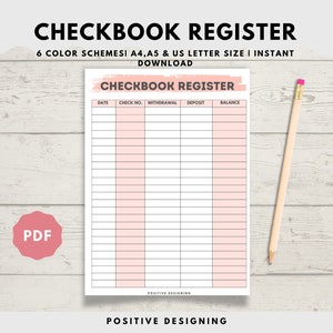 Printable checkbook register, check book balance log, account ledger, income and expenses balance sheet, A4 and Letter size, account ledger