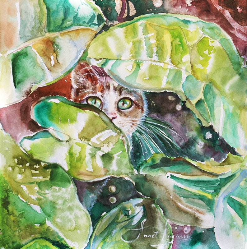 drawing original watercolor wall art Cat wall art watercolor painting