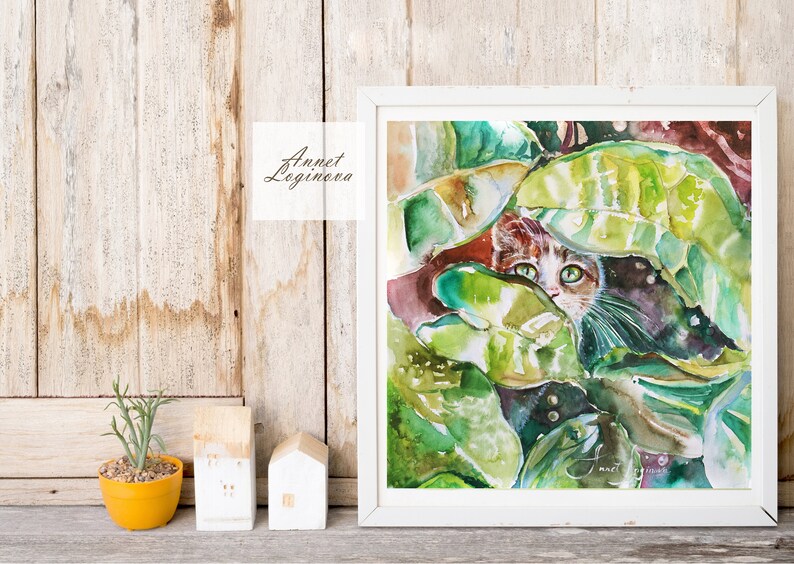 drawing original watercolor wall art Cat wall art watercolor painting