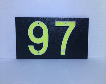 CUSTOM MADE 2 Glow in the Dark House Address Numbers with Black Plaque Backing: Choice of Horizontal or Vertical