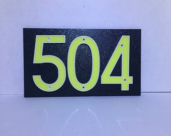 CUSTOM MADE 3 Glow in the Dark House Address Numbers with Black Plaque Backing: Choice of Horizontal or Vertical