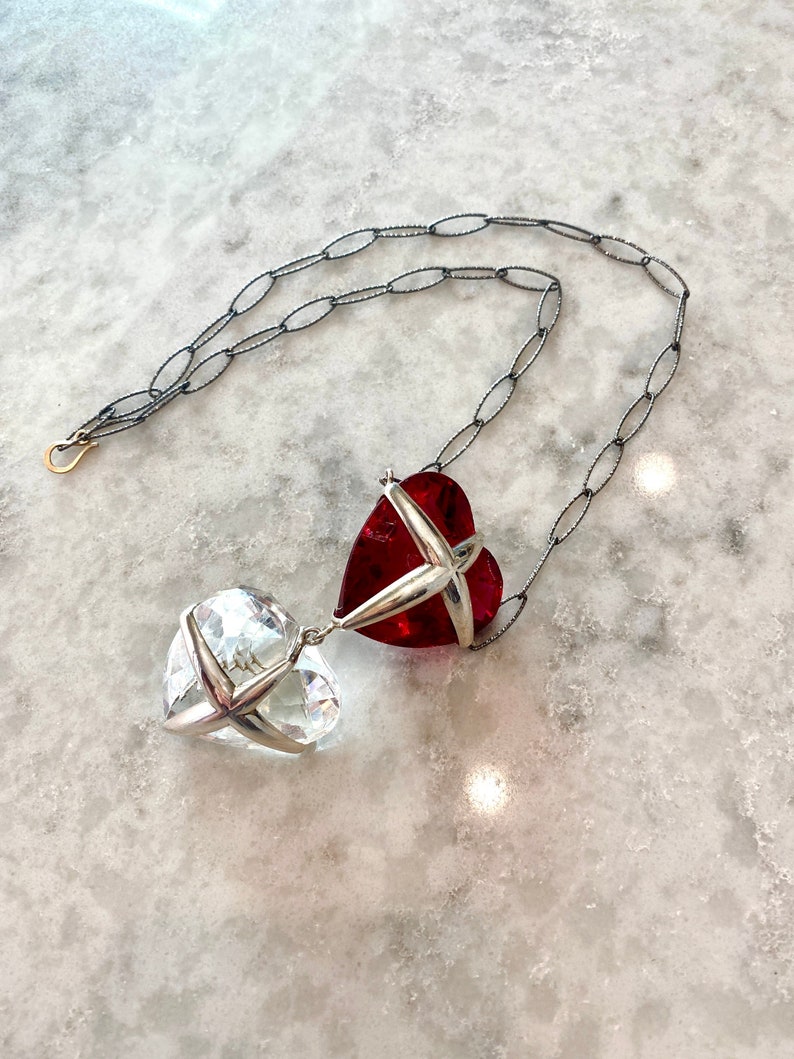 Swarovski Crystal Hearts Necklace / Red and Clear 1.5