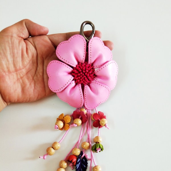 Genuine Leather Flower Keyring Pink Women Hook Handcraft Bag Purse, Floral Hook Real Leather Purse Charm, Handbag Zipper Charm Accessories