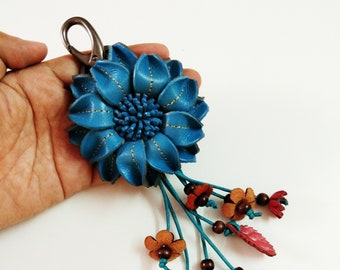 Keychain Genuine Leather Flower Blue Keyring Handcraft Floral Hook HandBag Gift, Handbag Zipper Charm Accessories