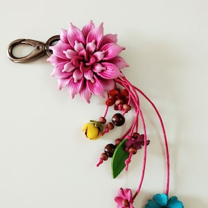 Genuine Leather Flower Pink Keychain Bag Charm, Dahlia Floral Hook Real Leather Purse Charm, Handbag Zipper Charm Accessories